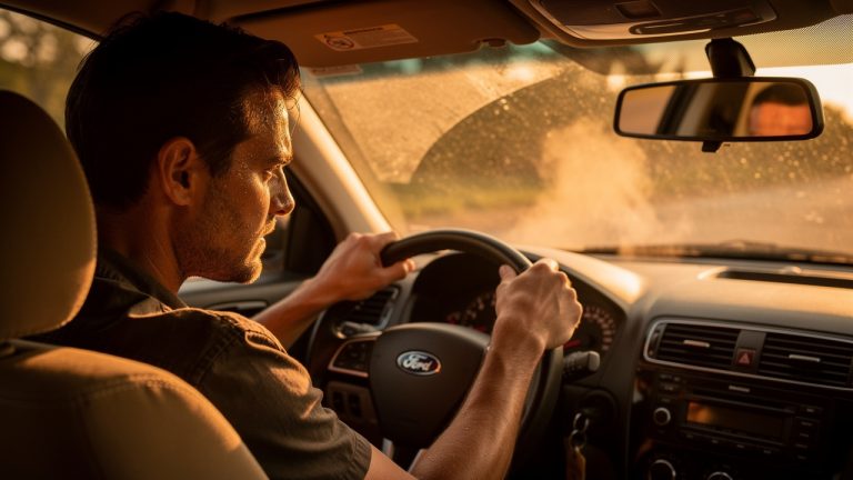 Un homme est assis dans une voiture à l’arrêt, avec l’habitacle surchauffé et une légère buée de chaleur sur le pare-brise, tandis que les voyants du tableau de bord s’allument.