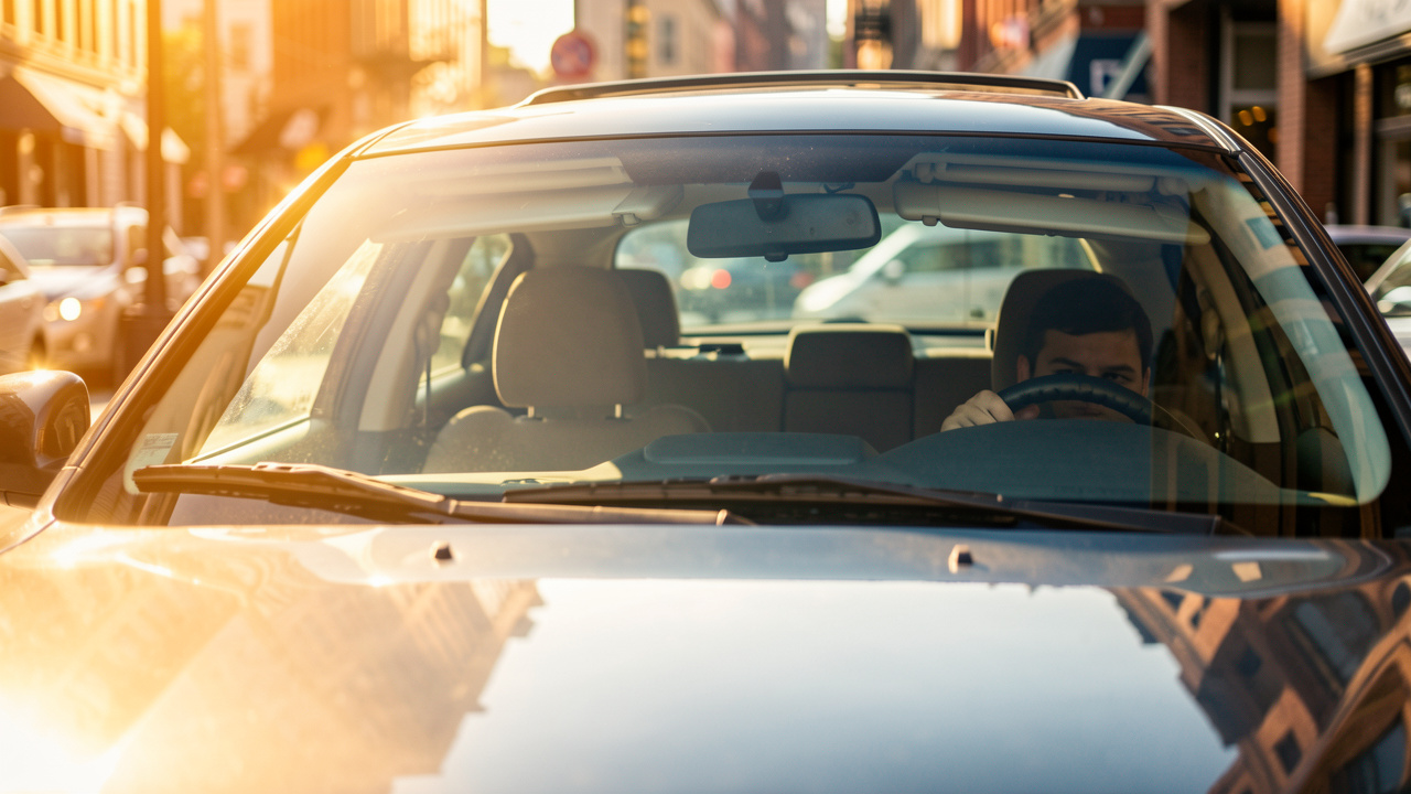 Voiture stationnée en été, habitacle lumineux et chaude ambiance urbaine avec pare-soleil baissé et reflets de la rue.