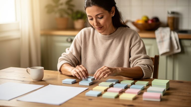 Une femme organise un planning de ménage avec des feuilles vierges et des cartes colorées sur la table d’une cuisine lumineuse.