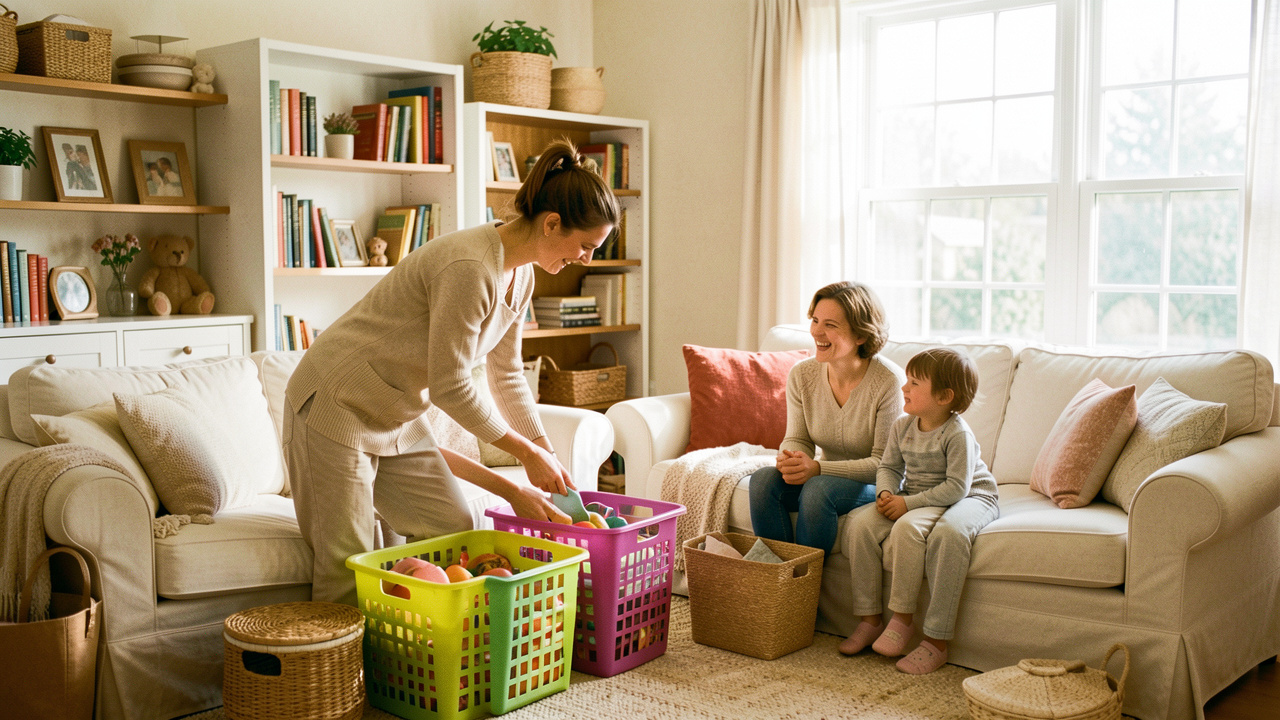 Intérieur familial lumineux et chaleureux où une intervenante aide une famille à organiser le rangement.