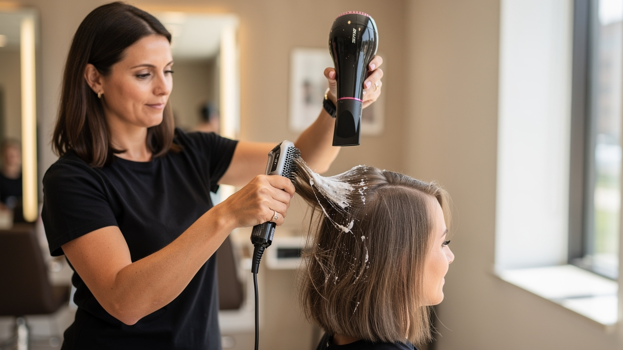 Une coiffeuse applique une mousse volumisante sur les cheveux fins d’une femme à l’aide d’une brosse ronde et d’un sèche-cheveux professionnel dans un salon lumineux.