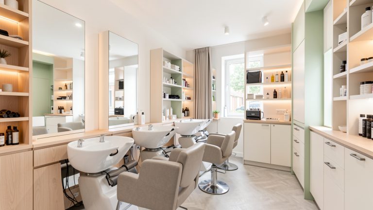 Salon de coiffure contemporain et lumineux avec fauteuils élégants, grands miroirs, bacs à shampoing et rangements soigneusement organisés.