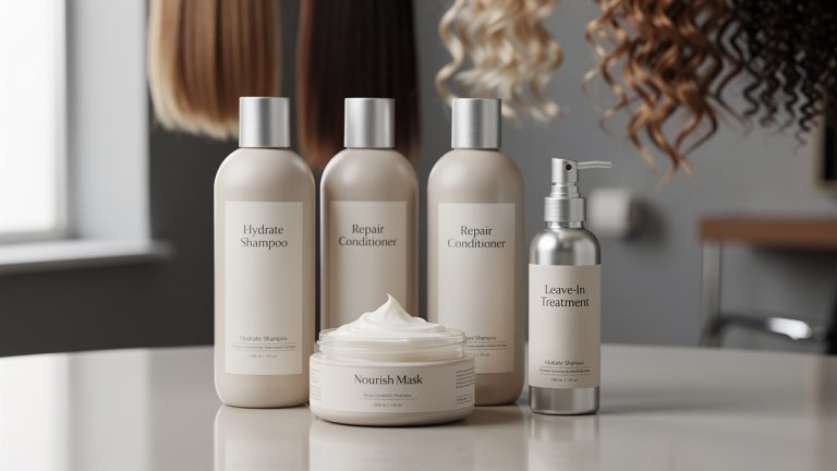 Flacons de shampoing, pot de masque et soin sans rinçage professionnels disposés sur une table de salon, avec différentes textures de cheveux floues en arrière-plan.