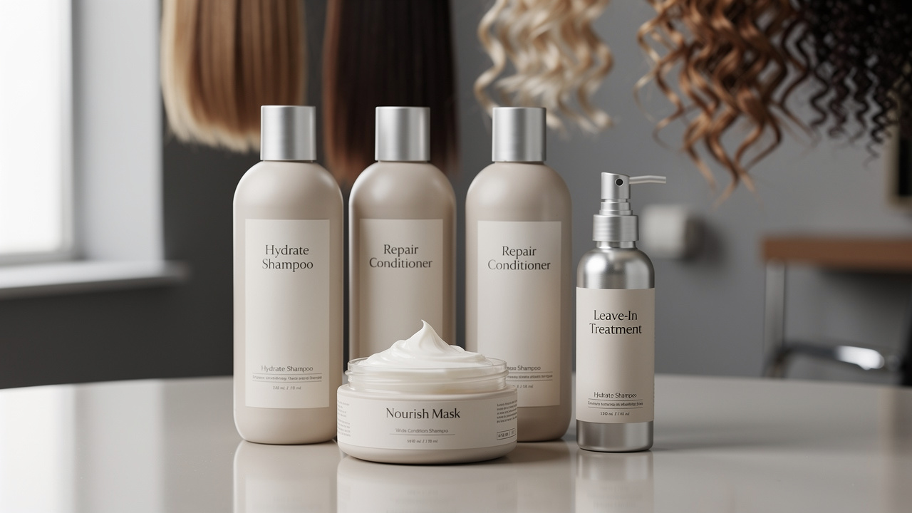 Flacons de shampoing, pot de masque et soin sans rinçage professionnels disposés sur une table de salon, avec différentes textures de cheveux floues en arrière-plan.