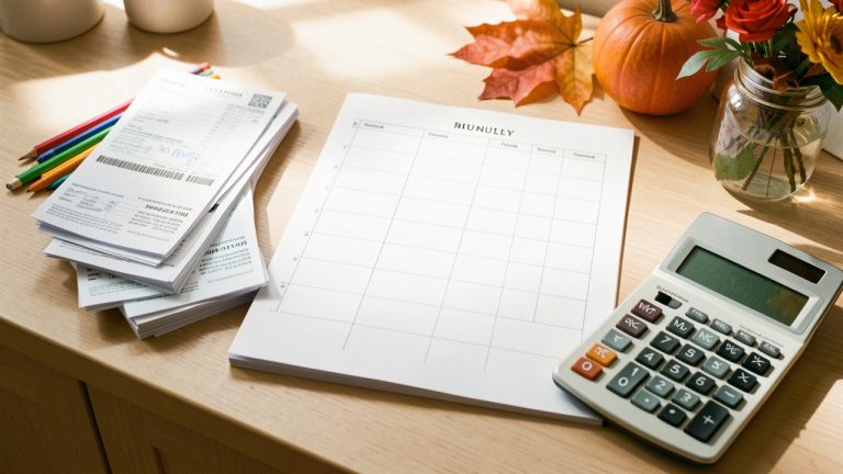 Table de cuisine lumineuse avec un calendrier de septembre 2026, des factures d'énergie, des fournitures scolaires et une calculatrice.