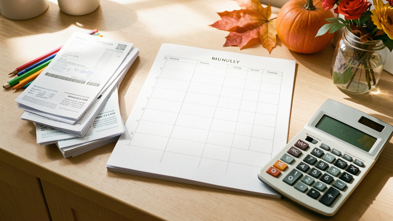 Table de cuisine lumineuse avec un calendrier de septembre 2026, des factures d'énergie, des fournitures scolaires et une calculatrice.