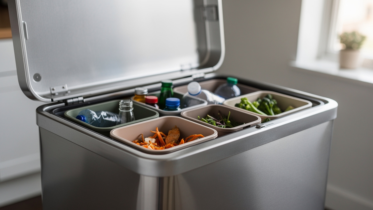 Vue rapprochée des bacs amovibles d'une poubelle de cuisine en inox à pédale, contenant des déchets ménagers triés avec discrétion.