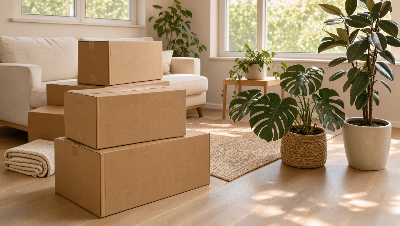 Cartons de déménagement soigneusement empilés et plantes vertes disposés dans un salon lumineux et bien rangé.