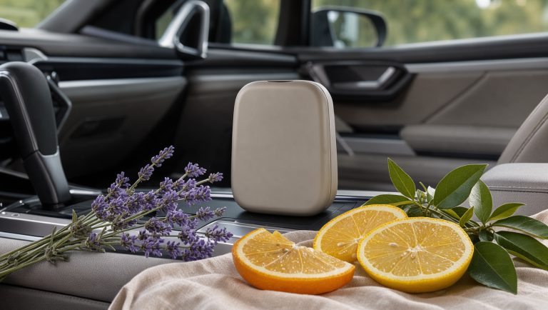 Diffuseur de parfum sans marque posé dans l’habitacle propre et moderne d’une voiture, entouré d’agrumes, de lavande et de feuillage frais.
