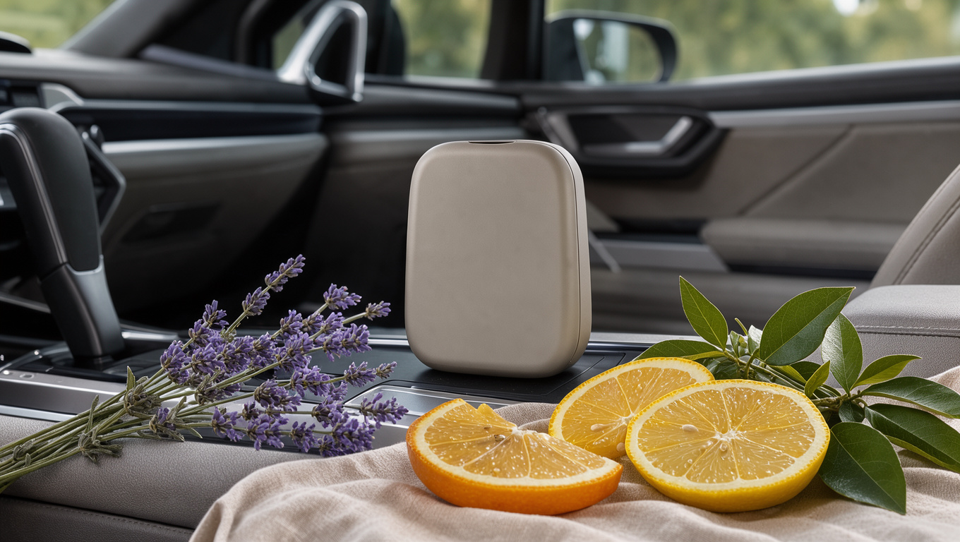Diffuseur de parfum sans marque posé dans l’habitacle propre et moderne d’une voiture, entouré d’agrumes, de lavande et de feuillage frais.