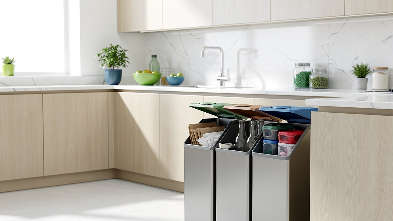 Cuisine contemporaine lumineuse avec une poubelle de tri à trois compartiments placée près du plan de travail.