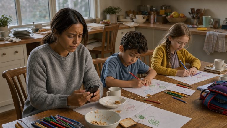 Une mère consulte son téléphone à la table de cuisine pendant qu’un garçon et une fille dessinent à côté d’elle, dans une ambiance réaliste de matin perturbé.