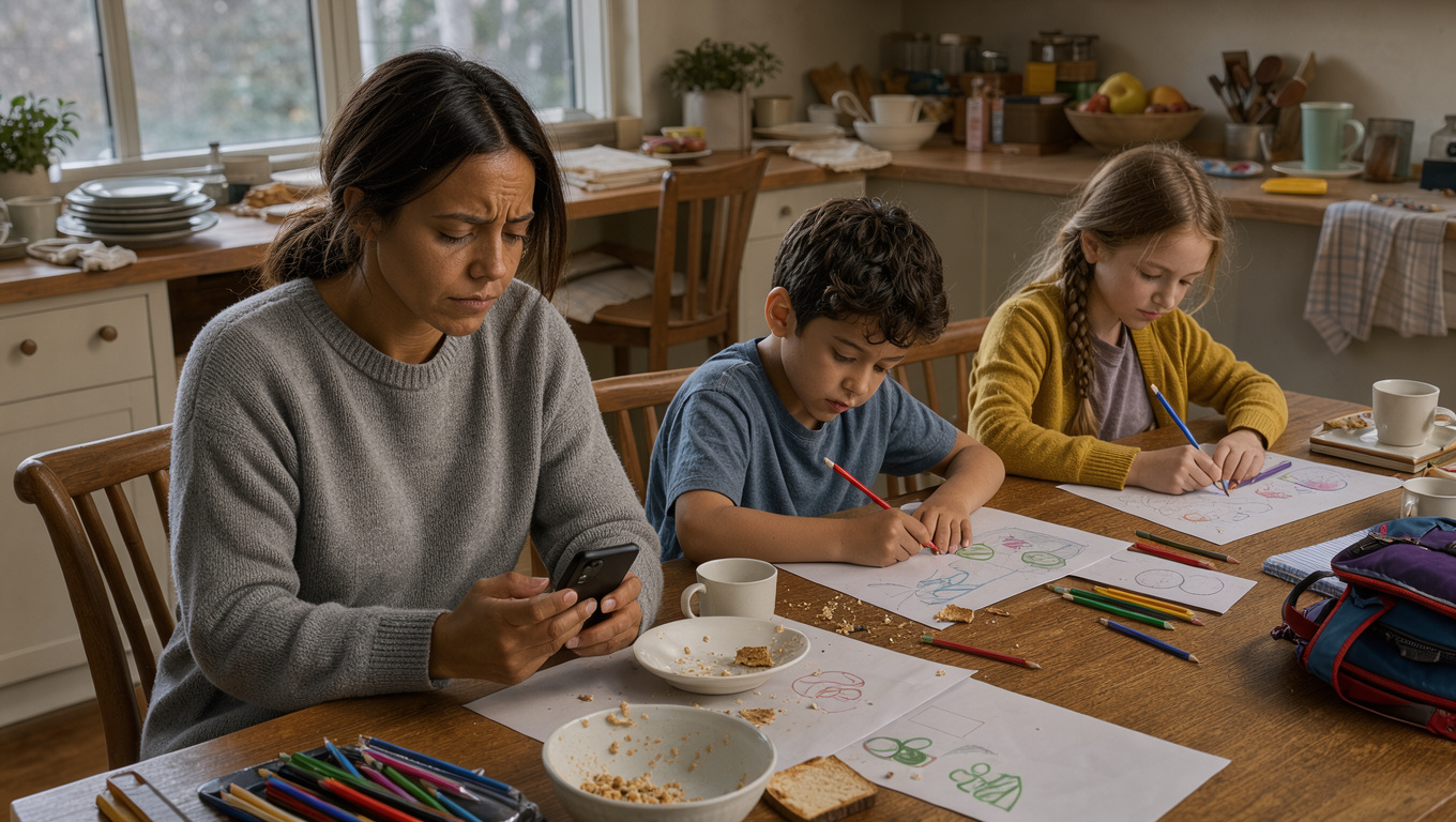 Une mère consulte son téléphone à la table de cuisine pendant qu’un garçon et une fille dessinent à côté d’elle, dans une ambiance réaliste de matin perturbé.