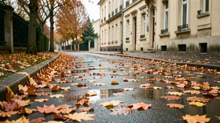 Trottoir résidentiel français couvert de feuilles mortes humides en automne, avec une façade de maison en arrière-plan.