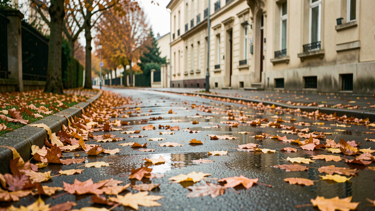 Trottoir résidentiel français couvert de feuilles mortes humides en automne, avec une façade de maison en arrière-plan.